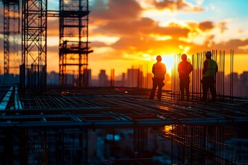 Sunset casts an ethereal glow over a thriving construction site where cranes and scaffolding rise against the vibrant sky