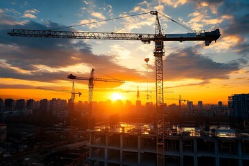 Civil Engineering Construction at Sunset   Cranes and Skyscrapers Silhouette in Urban Cityscape  Illustrating the progress and development of a modern city