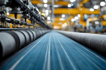 Automated textile manufacturing facility with rows of industrial machinery conveyor belts and efficient production processes