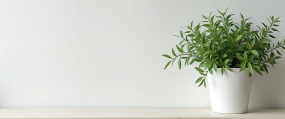 Green leafy plant in white pot against minimalist background with copy space