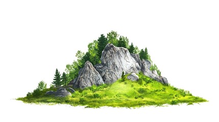 Canvas Print - rock mountain hill with green forest isolate on white background --ar 16:9 --stylize 0 --v 6.1 Job ID: 862ce03a-ed5b-41cb-850c-99ca34cac3a5