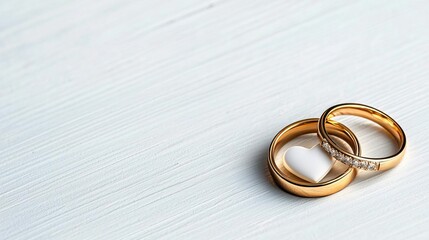 A close-up view of golden wedding rings alongside a white heart, isolated on a white wooden background with ample copy space..