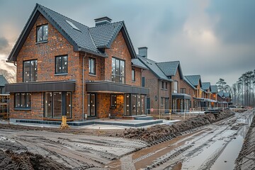 A row of houses with a muddy road in front of them