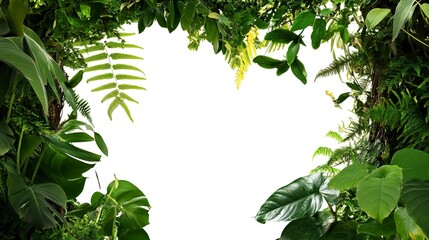 Wall Mural - Nature frame of jungle trees with tropical rainforest foliage plants (Monstera, birdâ€™s nest fern, golden pothos and forest orchid) growing in wild isolated on white background with clipping path. 