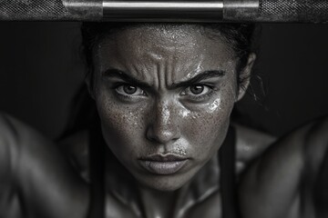 a female athlete in a gym setting shows determination and strength under dramatic lighting, highligh