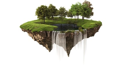 Wall Mural - Floating island with lake and waterfalls, trees, green grass, river. Isolated on white background. Surrealism of Flying island with waterfalls and trees, landscape. 3d island with grass surface 