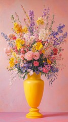 Sticker - Vibrant bouquet of mixed flowers in yellow vase on pastel background