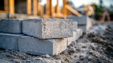 Wall Mural - stack of concrete foundation blocks with price tags attached. partially constructed foundation wall 