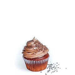 Sticker - Chocolate cupcake muffin with cream frosting sprinkles on white background. Template for product presentation display. copy text space banner 