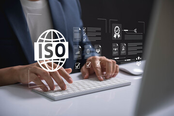 Leinwandbilder - Digital ISO certification and compliance management, Business professional managing ISO certification and compliance using digital tools, focusing on quality assurance and documentation processes.