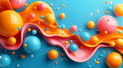 Wall Mural - Glossy vivid balls in paint flow 3d rendering image. Dynamic scene with bright bubble and fluid on blue background wallpaper colorful realistic. Abstract composition concept idea