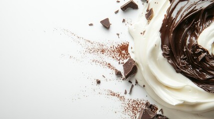 Poster - Cream and chocolate combination against a white background, perfect for food product branding with copy space.