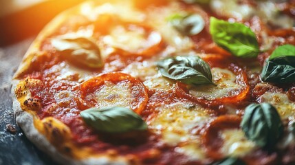 Close-up of a freshly baked pizza with melted cheese, tomatoes, and fresh basil leaves, showcasing vibrant colors and textures