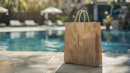 Wall Mural - Brown paper bag mockup by poolside in tropical setting. Outdoor shopping vibe paperbag template advertising image. Swimming pool, soft sunlight package mock up product photorealistic