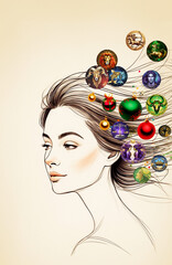 Wall Mural - hand drawing sketch in black and white with contrasting christmas balls and zodiac signs, astrology 