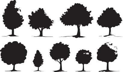 silhouette tree set. side view, set of graphic trees elements outline symbol for architecture and la