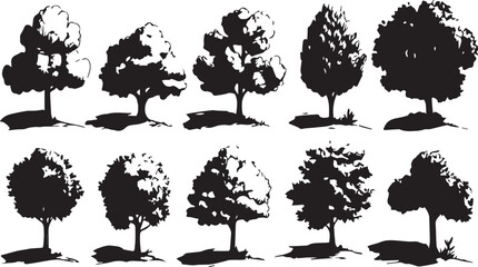 Silhouette tree set. Side view, set of graphic trees elements outline symbol for architecture and landscape design drawing. Hand drawn vector illustration