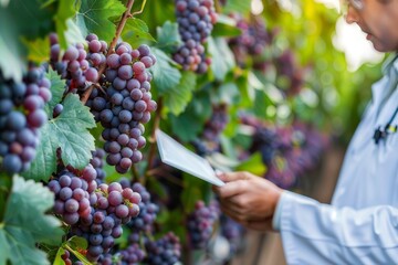 Canvas Print - Vineyard quality control. A scientist in a white coat examines a bunch of ripe grapes on a vine using a digital tablet.