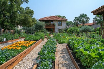 Canvas Print - Beautiful Garden with Flowers, Vegetables and House in the Background