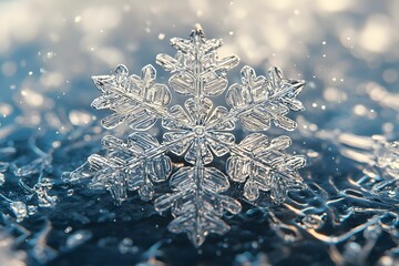 Wall Mural - Intricate snowflake resting on a frozen surface during winter