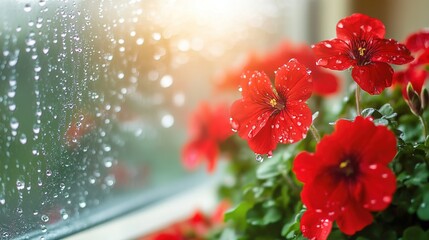 Wall Mural - Red Flowers with Raindrops on Window