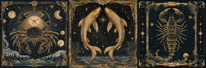 celestial zodiac art showing cancer, pisces, and scorpio with cosmic and astrological elements in st