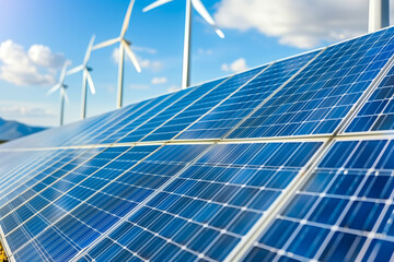 a large solar panel with a blue sky background. the solar panel is surrounded by wind turbines. conc