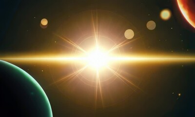 Wall Mural - A bright star in the center of a dark space, with planets orbiting it, with a bright light from the star. Create a detailed, evocative prompt that captures the essence of the subject matter
