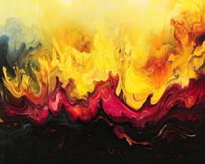 A captivating scene where flames form abstract shapes resembling waves crashing on a shore, with bright yellows and deep reds blending together beautifully