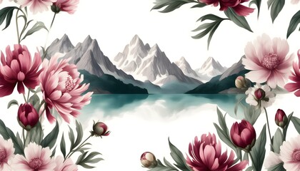 Wall Mural - Tranquil watercolor landscape featuring majestic mountains, a serene lake, and vibrant wildflowers in harmony with natures beauty