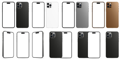 Poster - New iPhone 16 Pro, set in different colors. Mockup screen front view iphone with white screens and back side phone.
