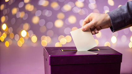 Wall Mural - Extreme Close-Up of Hand Inserting Ballot into Box with Soft Focus and Dreamy Bokeh Effects � Capturing the Weight of Each Vote Moment in Photo Stock Concept