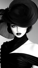 Wall Mural - A woman is wearing a black hat and a black dress. She has a bold and confident look on her face