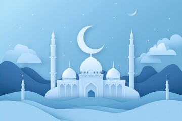 The blue themed crescent moon of Ramadan with a mosque in the sky background.