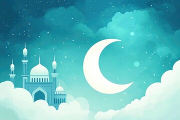 The blue themed crescent moon of Ramadan with a mosque in the sky background.