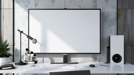 Canvas Print - Modern Minimalist Workspace with Blank TV Screen