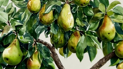 a branch of a pear tree laden with ripe fruit, captured in a watercolor painting