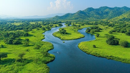 Canvas Print - Serene River Winding Through Lush Green Valley