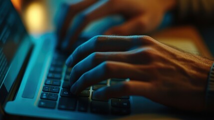 Software developer writing code late at night on laptop keyboard