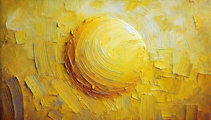 Sticker - The bright yellow sun is represented by bold, textured brush strokes that radiate outward. The surrounding area is filled with similar features in various shades of yellow and gold,with copy space.AI 