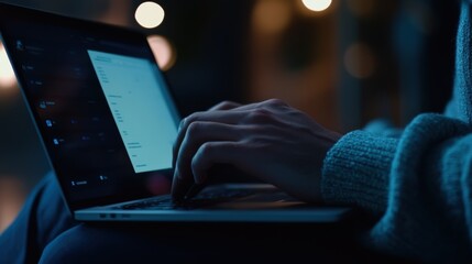 Programmer is working late at night, typing code on his laptop keyboard