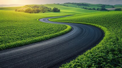 Poster - Winding Road Through Green Fields