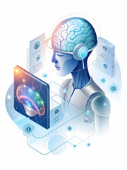 Sticker - Extreme Close-Up of AI-Powered Holographic Policy Analyst Processing Vast Data Streams � A Visual Concept of AI Brain Functionality Isolated on White Background