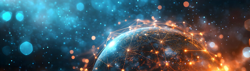 Poster - Global Network Connections Overlaid on Bokeh Background: Abstract Globe Image Symbolizing International Business Community & Connections for Stock Photography