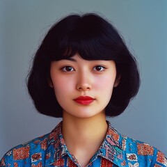 Wall Mural - A woman with black hair and a blue shirt