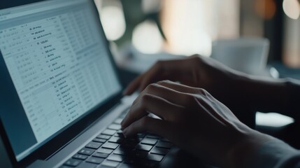 Wall Mural - businesswoman analyzing data on laptop and typing on keyboard in office