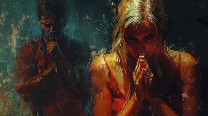 A blonde woman in a red tank top prays with clasped hands, as a man with short dark hair stands behind her, gazing to the side in a dark background