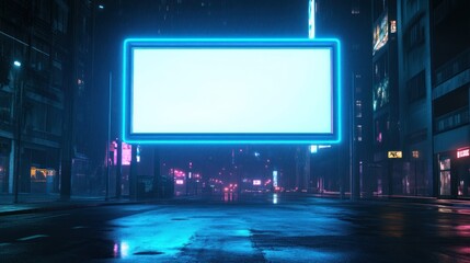 Poster - Neon Cityscape with Blank Billboard