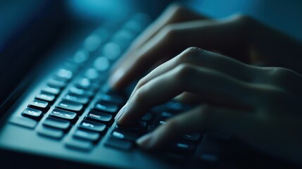 Close-up of programmer writing code on computer keyboard in dark office at night