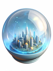 Sticker - Holographic Policy Simulator: Macro View of Miniature City in 3D Bubble Visualizing Policy Outcomes with Data Streams on Isolated White Background